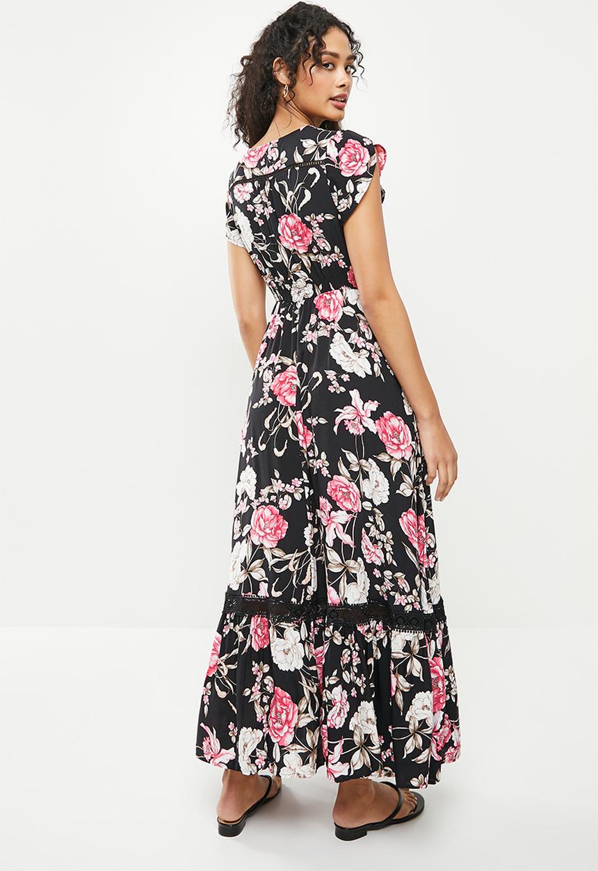 Stella Morgan - Floral maxi dress with frill sleeve - black