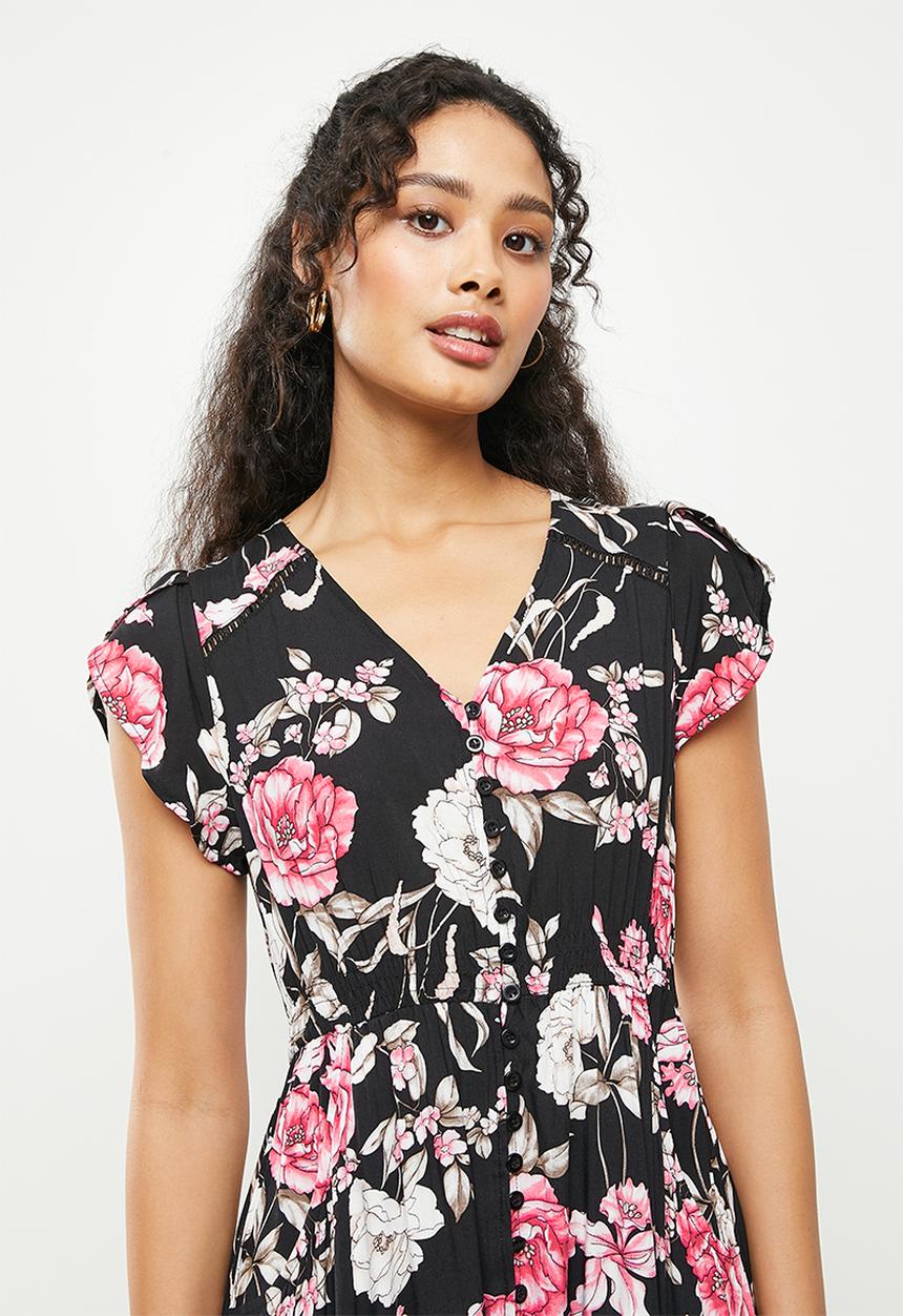 Stella Morgan - Floral maxi dress with frill sleeve - black