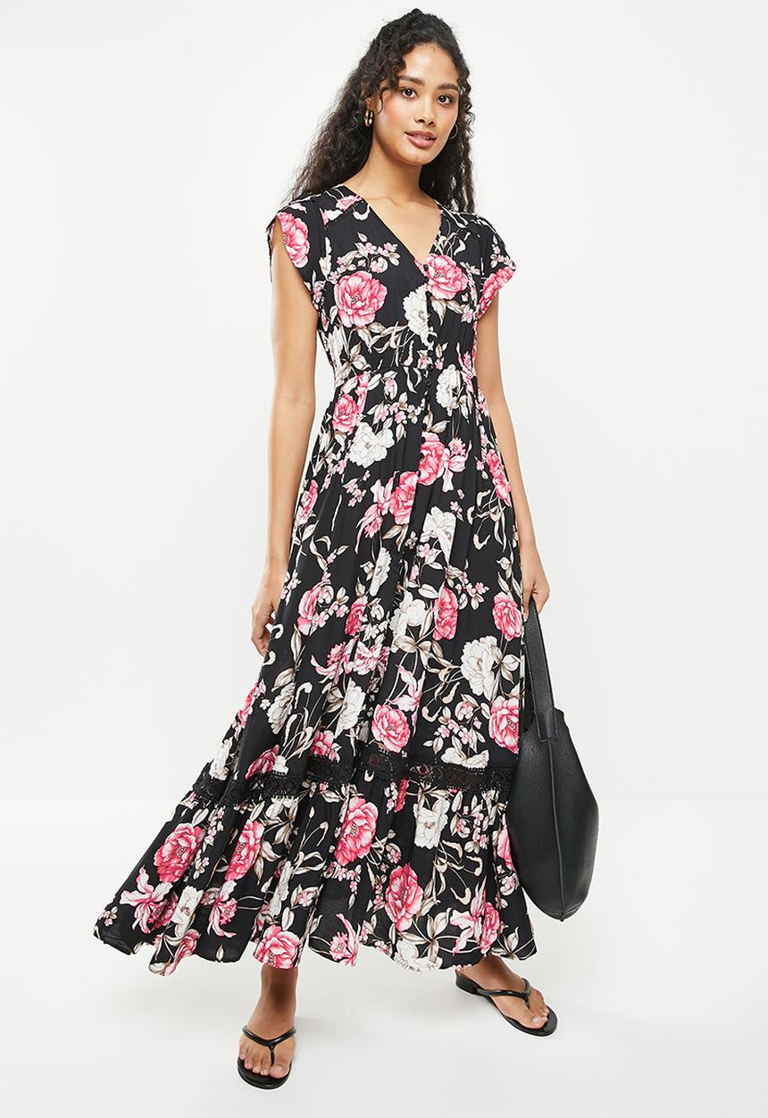 Stella Morgan - Floral maxi dress with frill sleeve - black