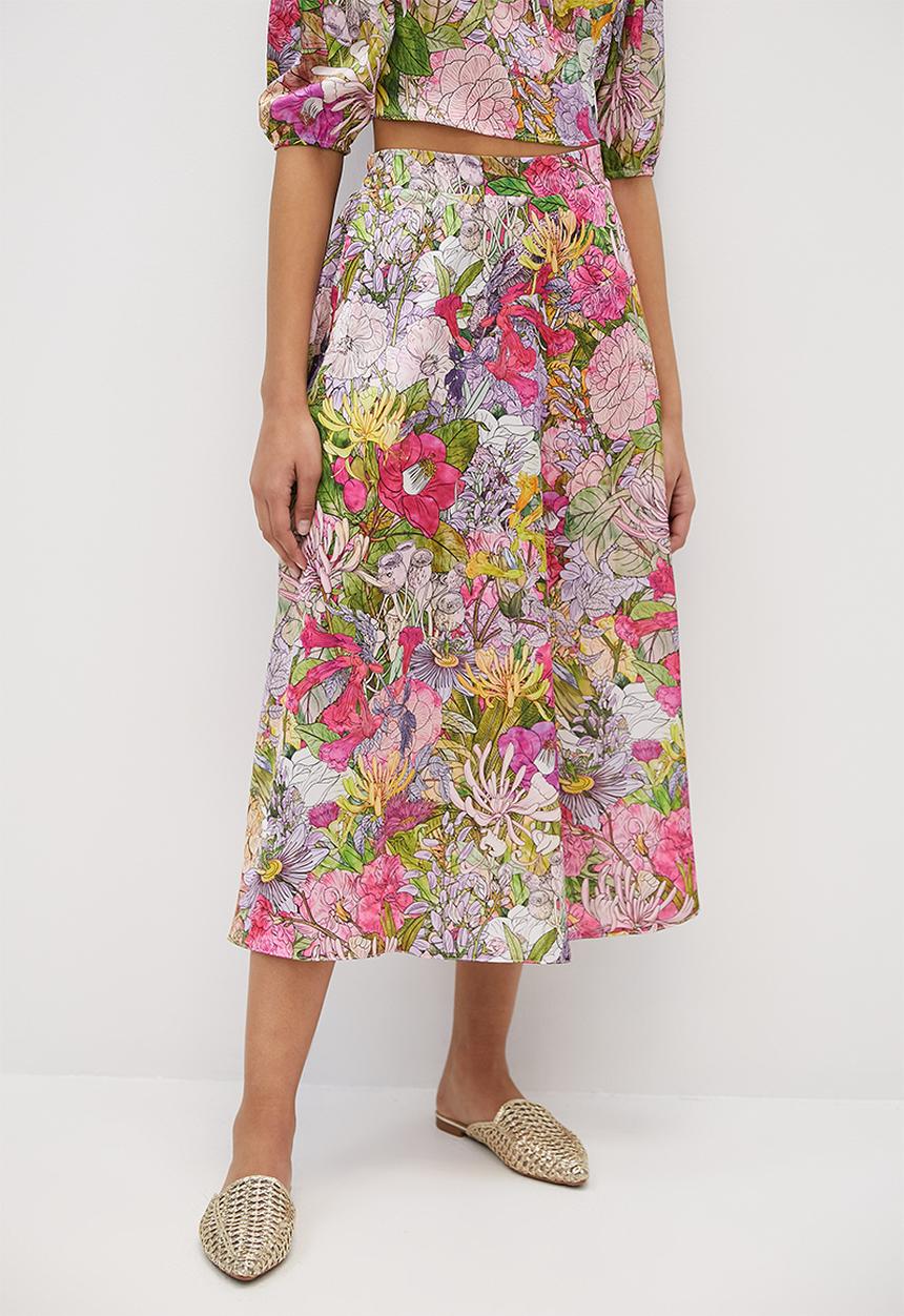 MILLA - Co-ord printed satin circle skirt - mediterranean floral