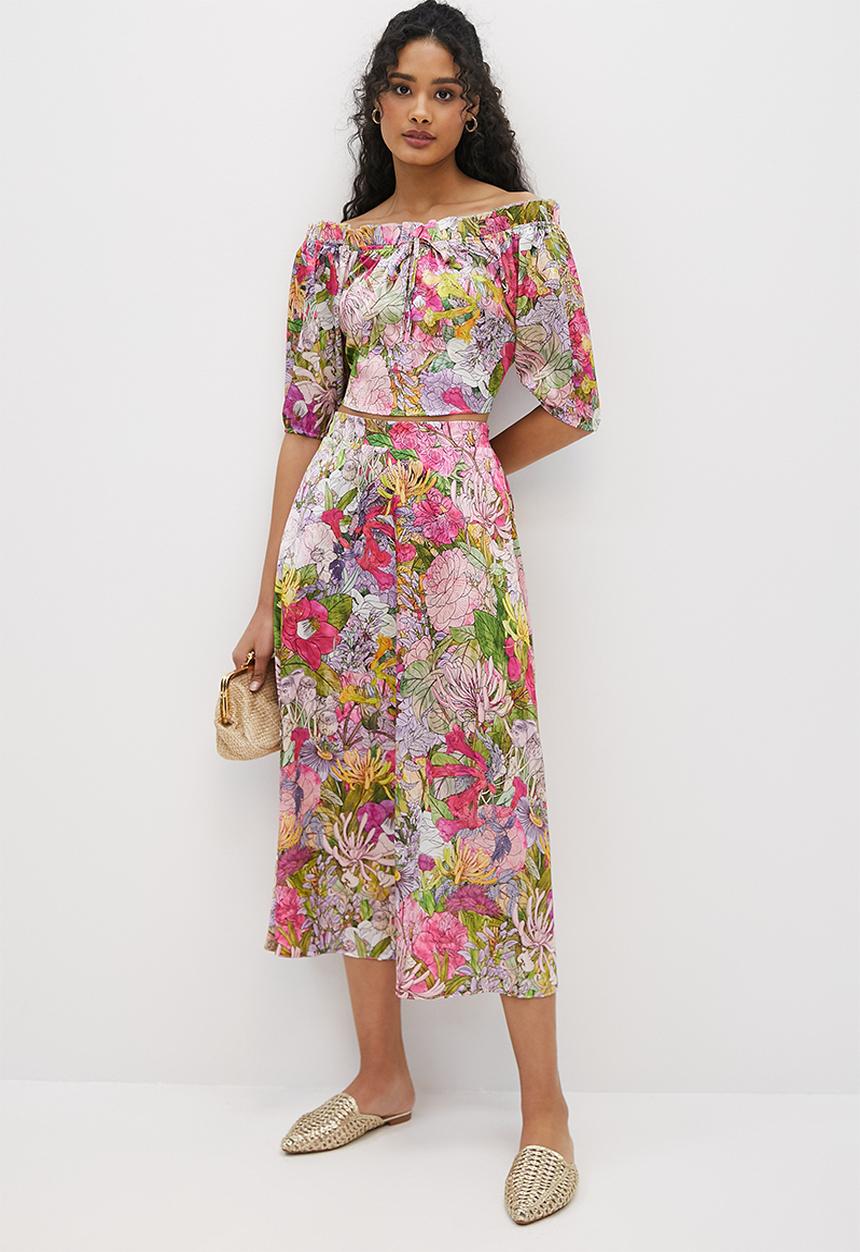MILLA - Co-ord printed satin circle skirt - mediterranean floral