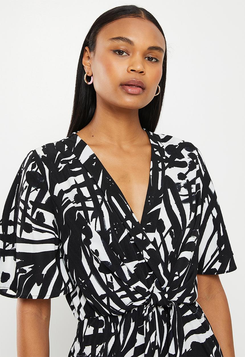 Me&B - Tie front wrap long pant jumpsuit - multi