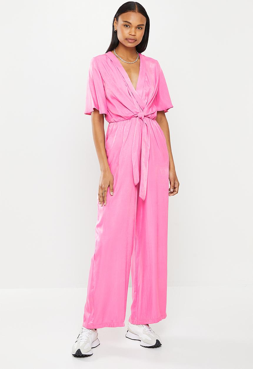 Me&B - Tie front wrap long pant jumpsuit - pink