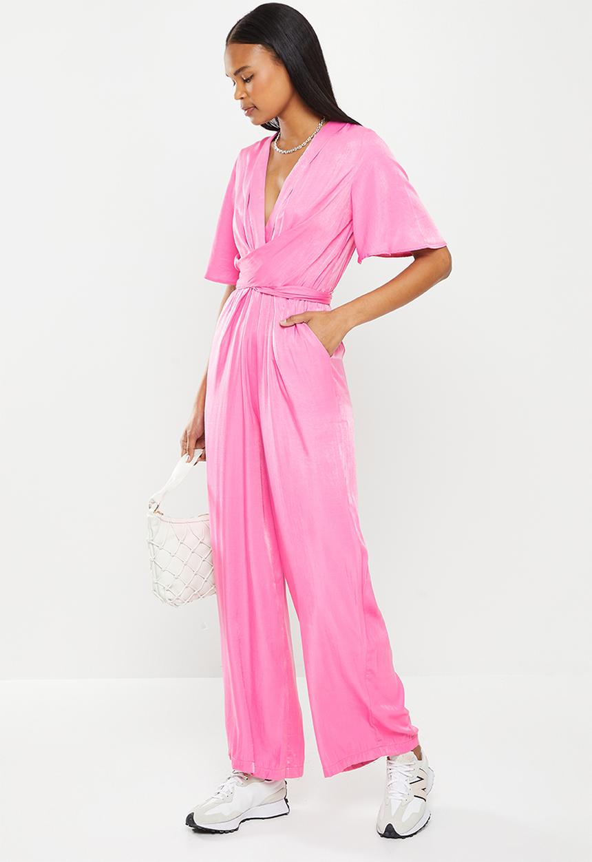 Me&B - Tie front wrap long pant jumpsuit - pink