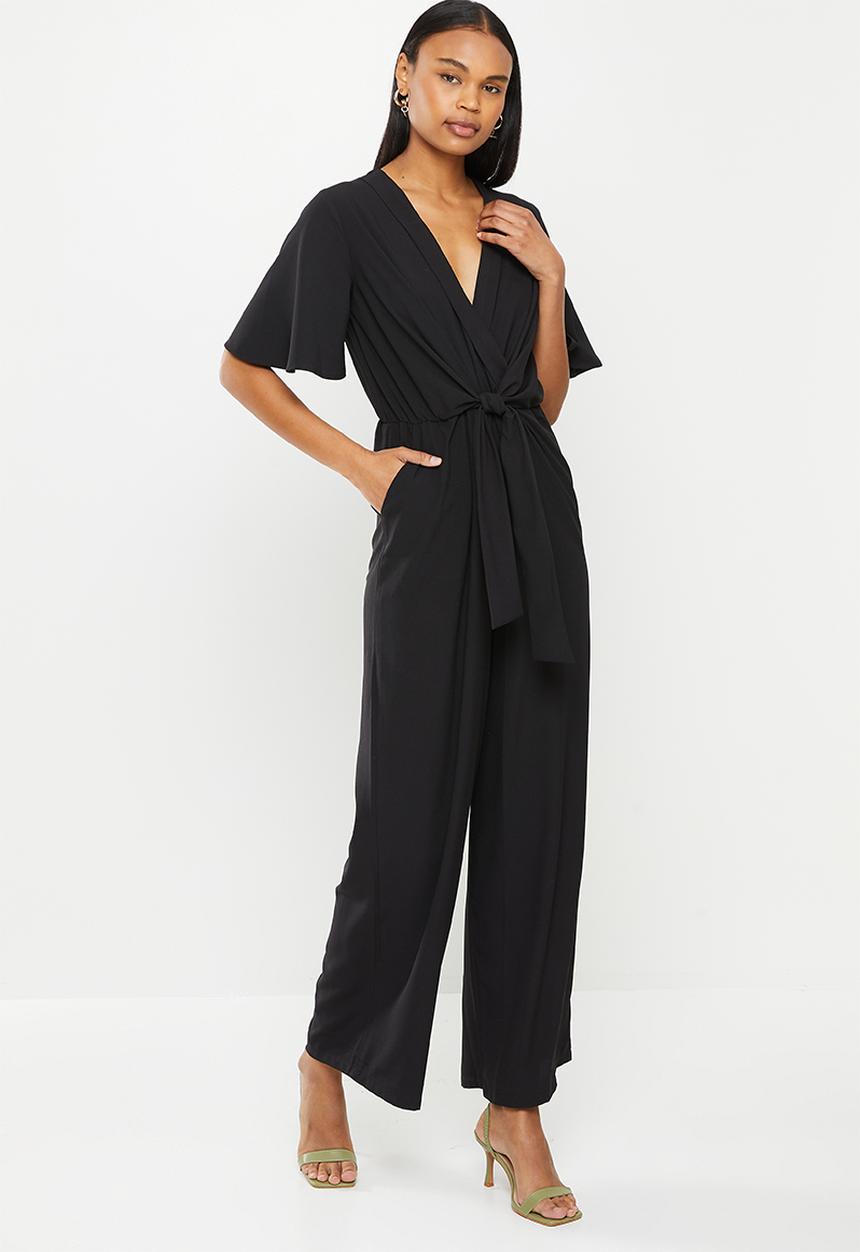 Me&B - Tie front wrap long pant jumpsuit - black