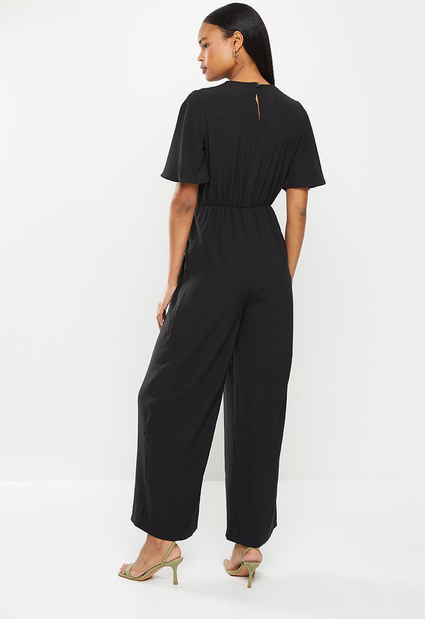Me&B - Tie front wrap long pant jumpsuit - black