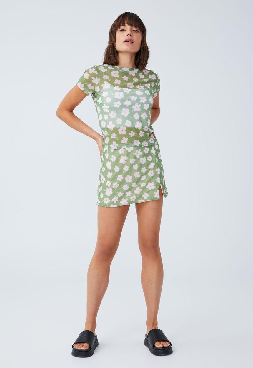 Cotton On - Zoe micro mesh mini skirt - mini floral camper green