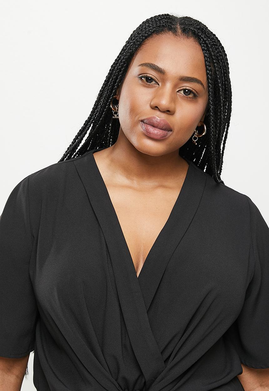 Me&B - Plus tie front wrap long pant jumpsuit - black
