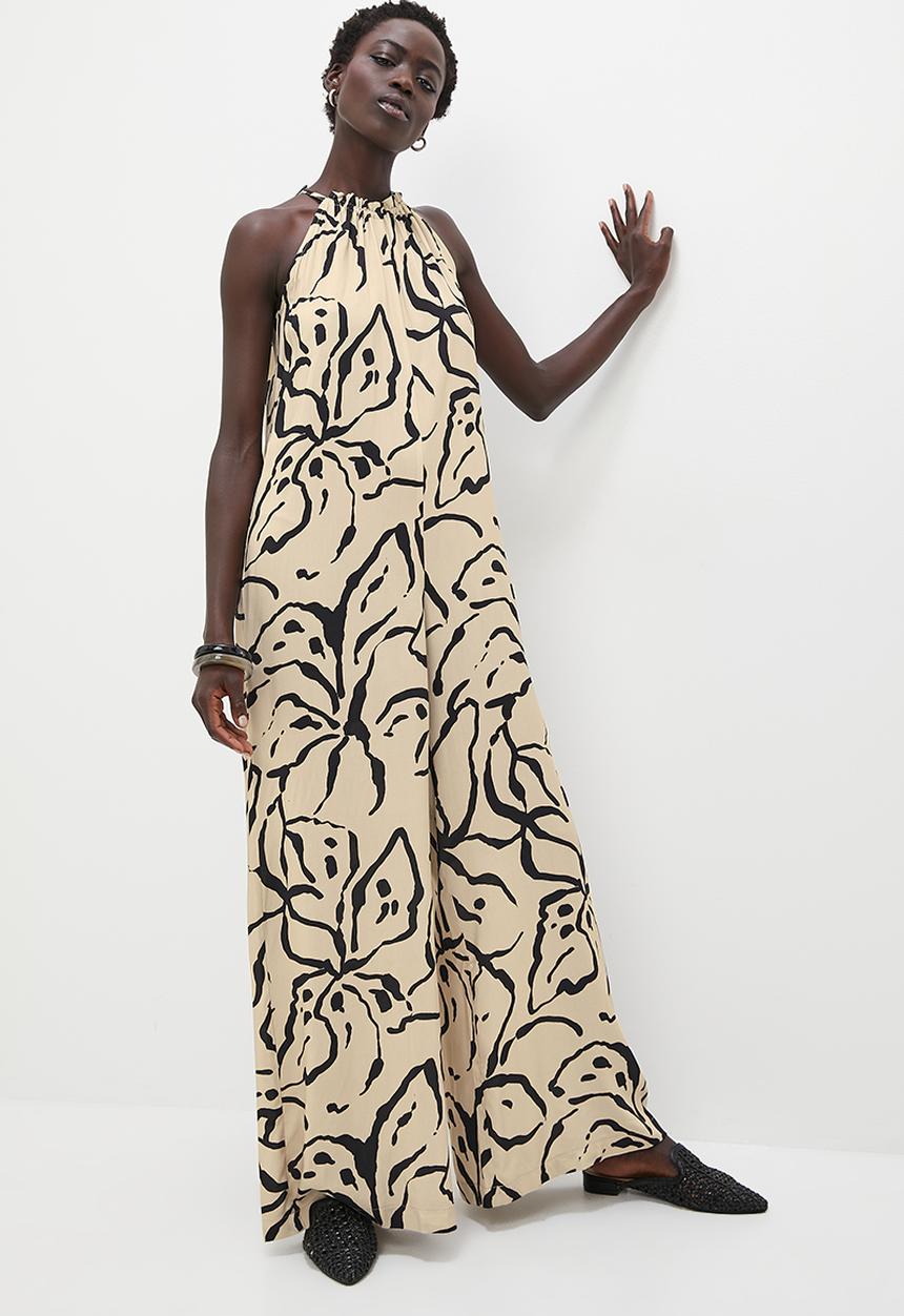 edit - Highneck wide leg jumpsuit - stone & black