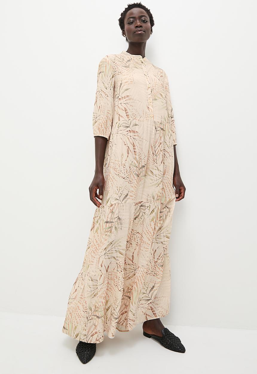 edit - Mandarin collar tiered maxi - soft naturals foliage