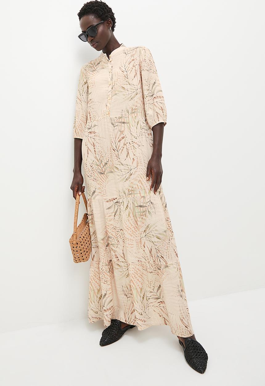 edit - Mandarin collar tiered maxi - soft naturals foliage