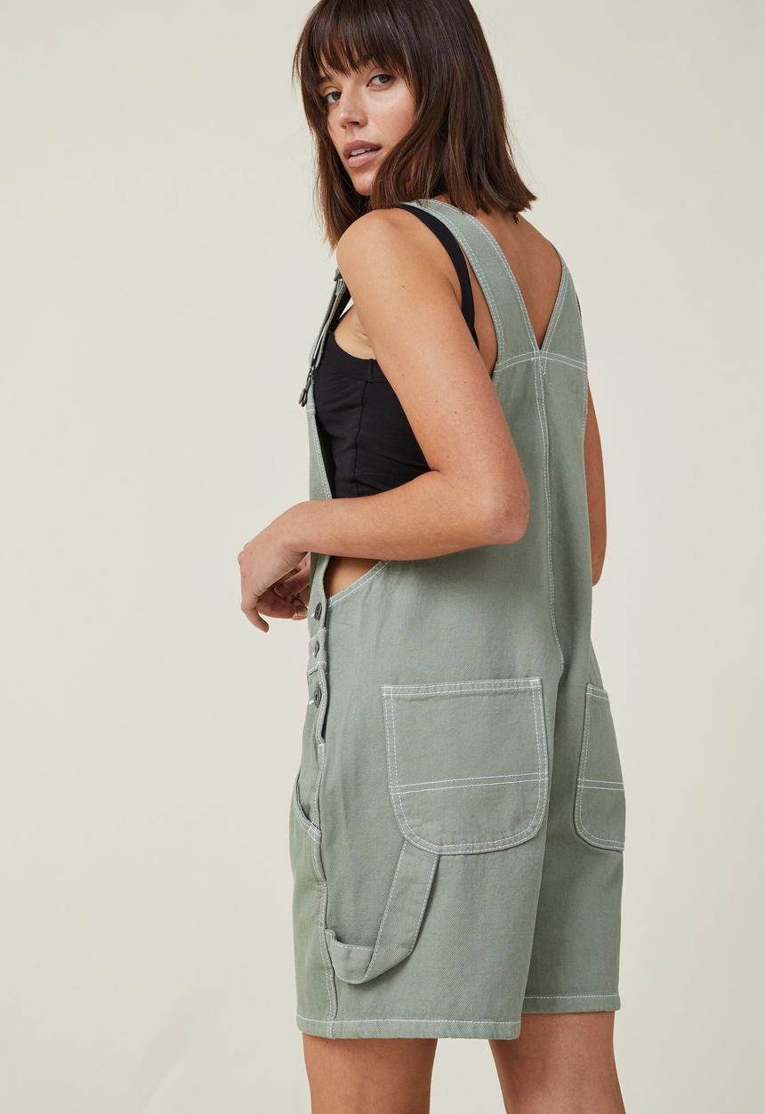 Cotton On - Utility denim short overall - soft green