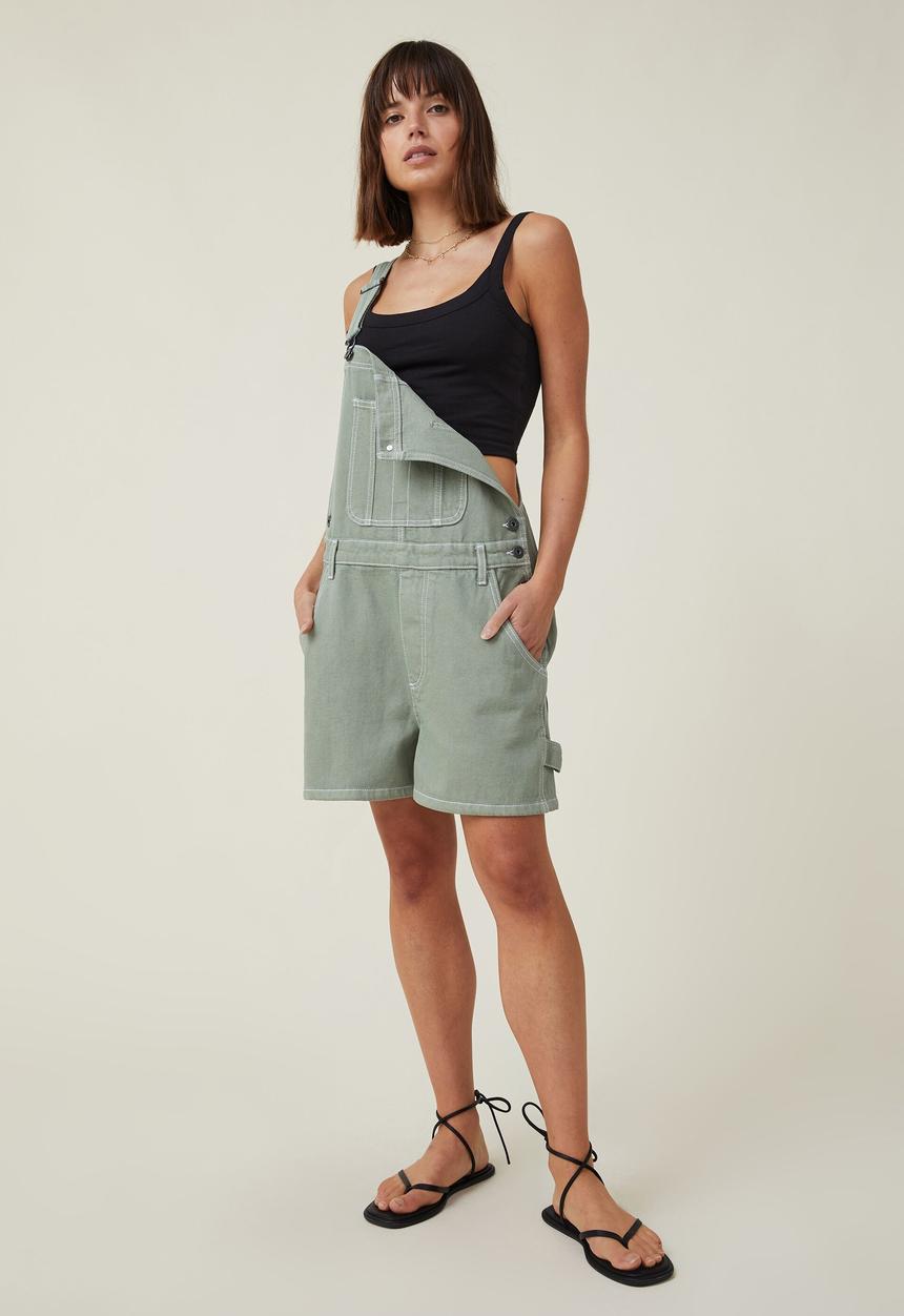 Cotton On - Utility denim short overall - soft green