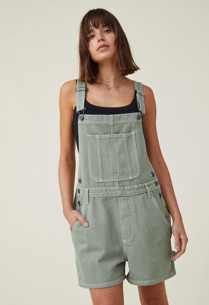 Cotton On - Utility denim short overall - soft green