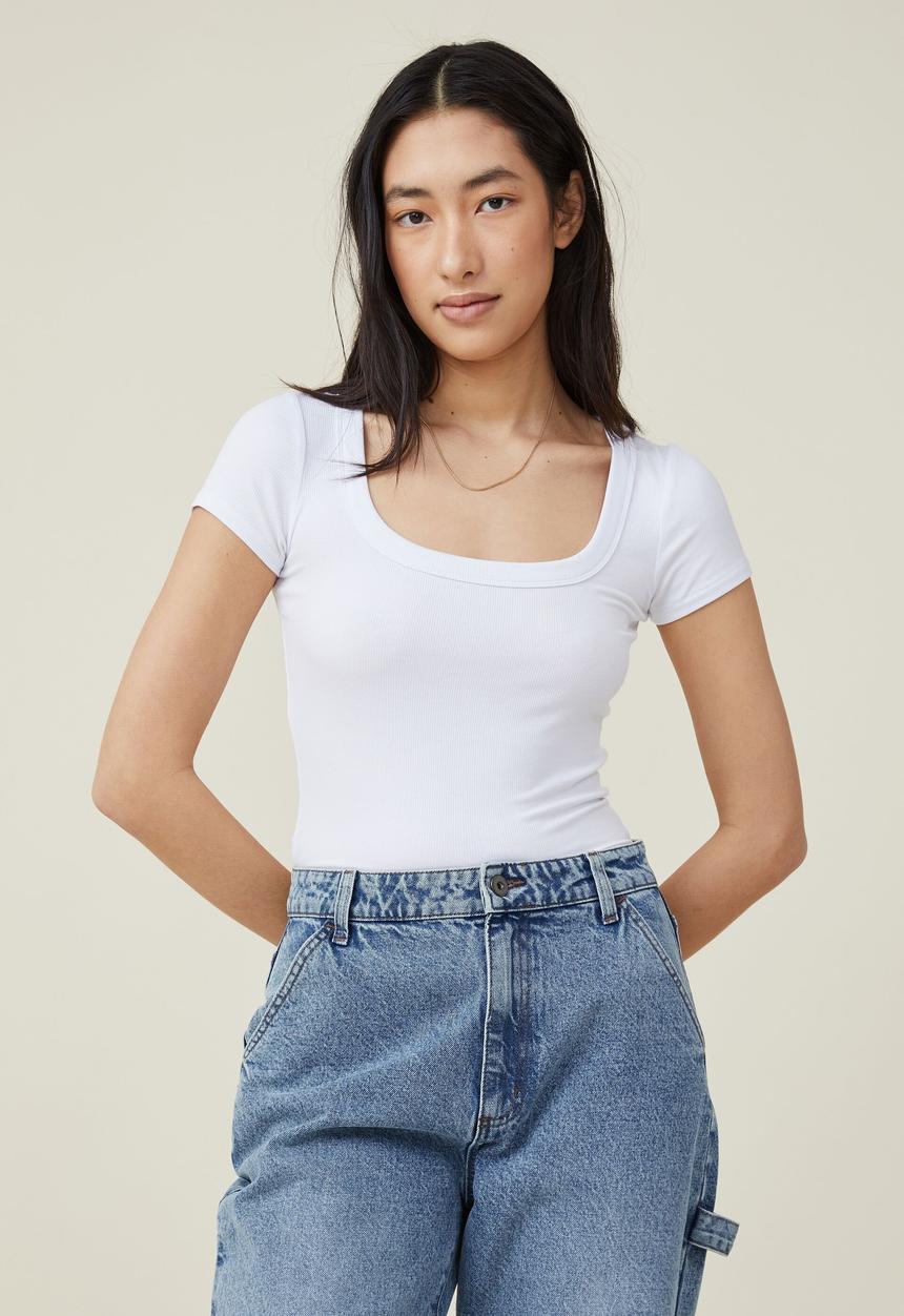 Cotton On - Staple rib scoop neck short sleeve top - white