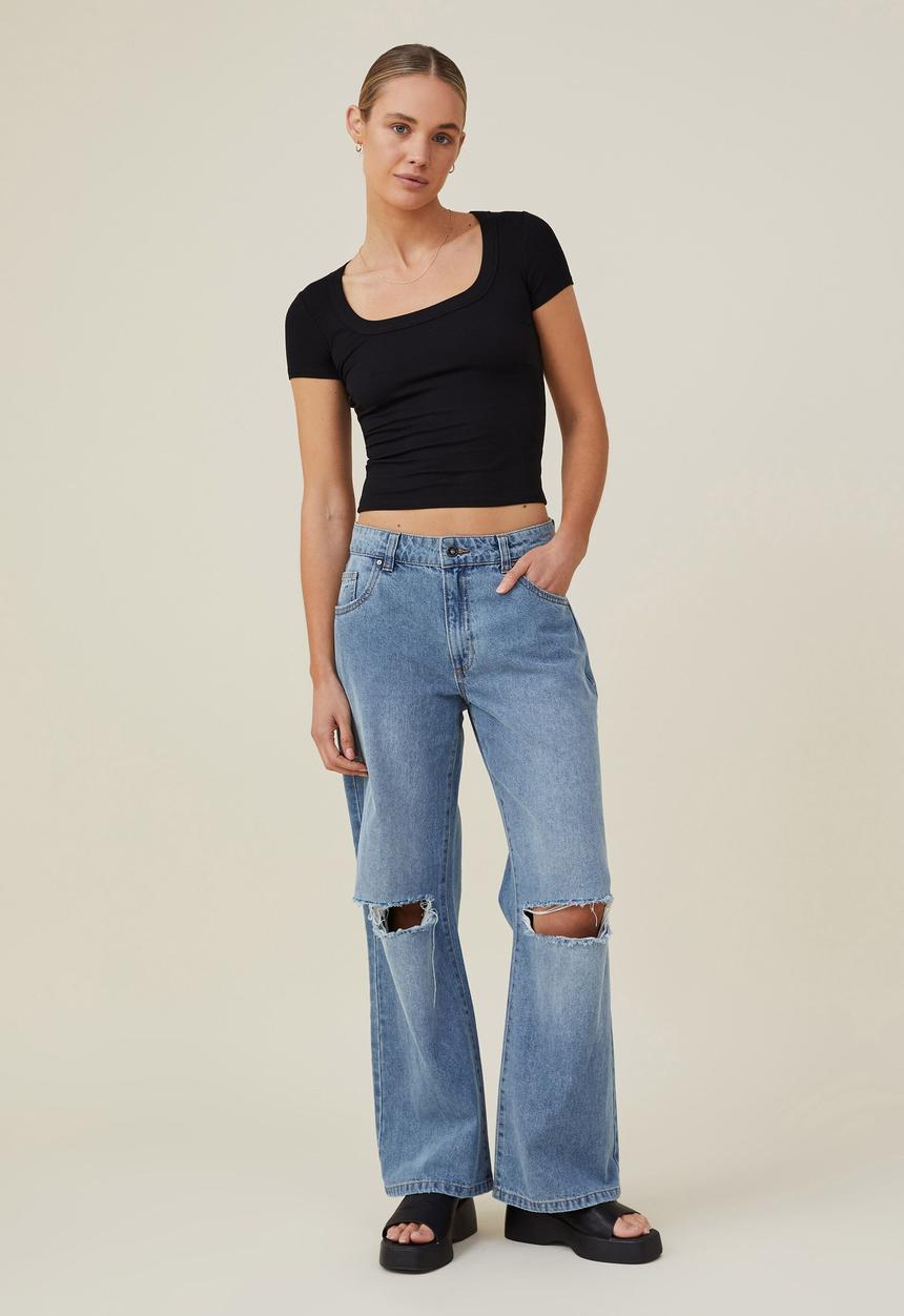 Cotton On - Staple rib scoop neck short sleeve top - black