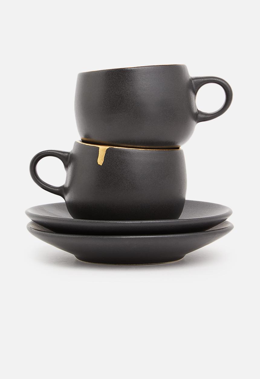 Urchin Art - Calanthea tea cup set of 2 - black & gold