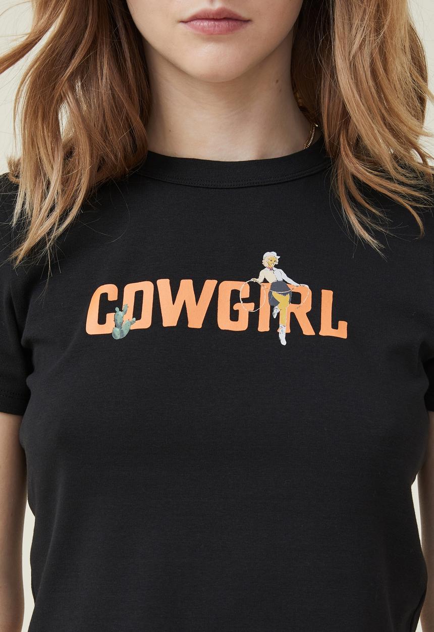Cotton On - Micro fit rib graphic tee - cow boy / black