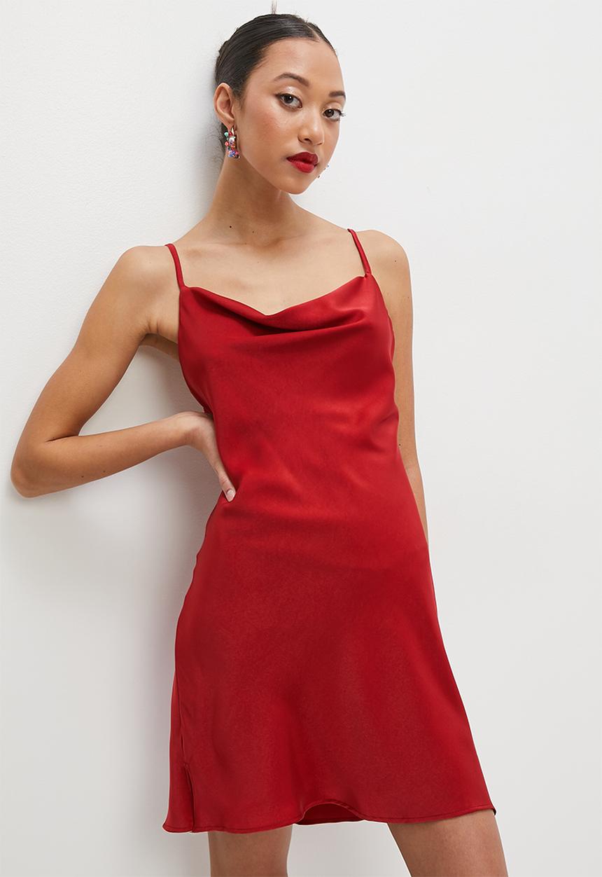 VELVET - Satin cowl neck mini slip dress - red