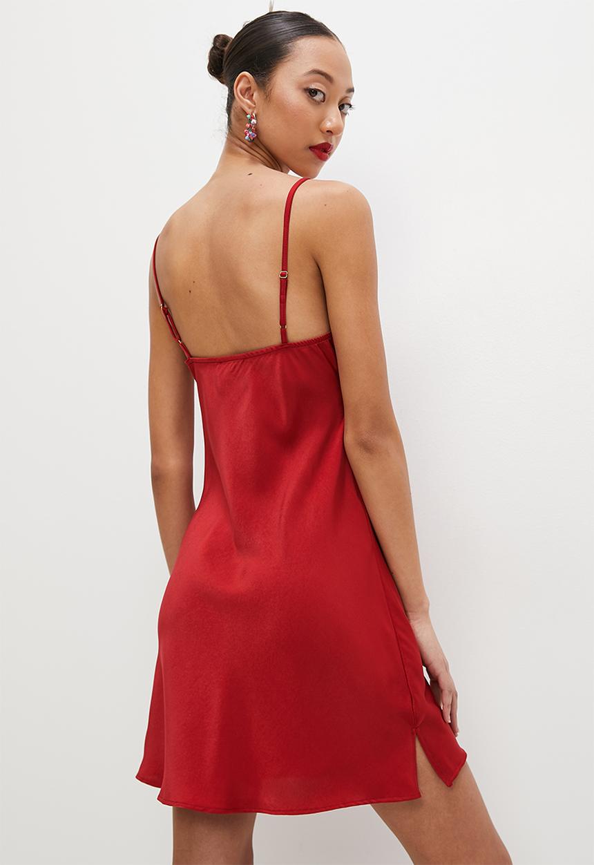 VELVET - Satin cowl neck mini slip dress - red