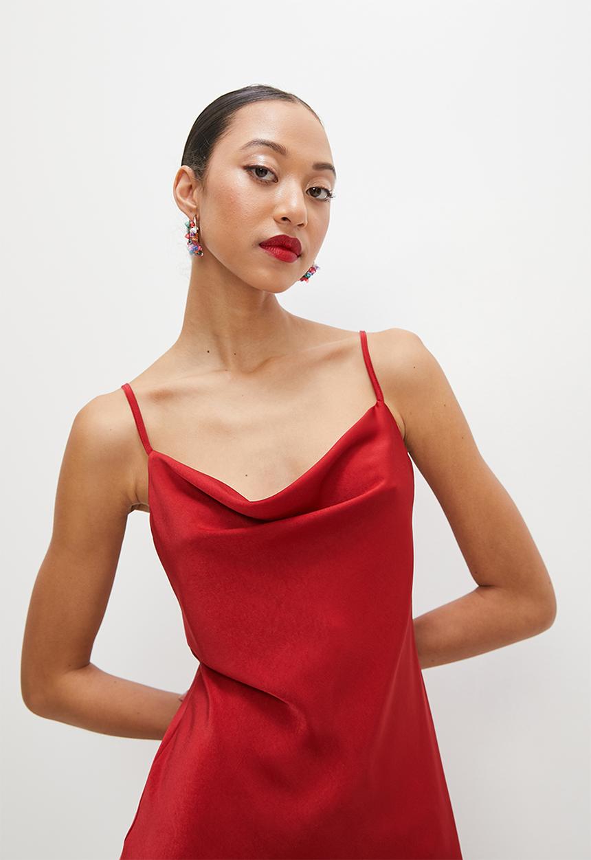VELVET - Satin cowl neck mini slip dress - red