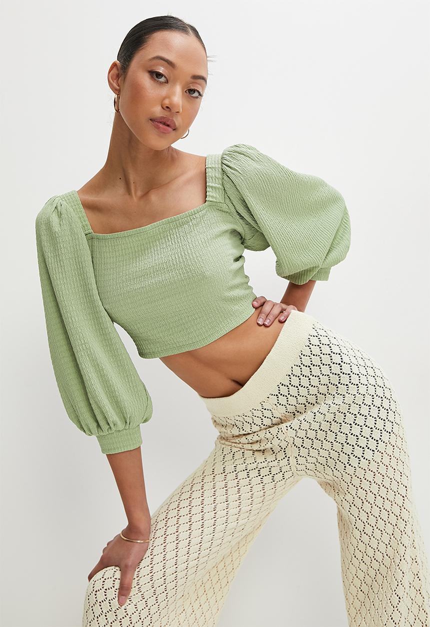 VELVET - Textured squareneck crop top with tie back - sage