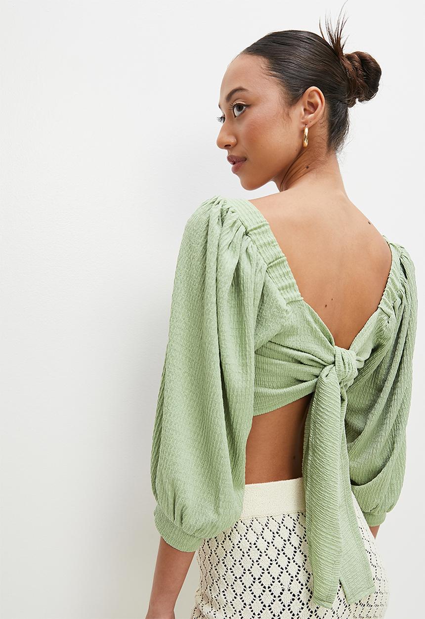 VELVET - Textured squareneck crop top with tie back - sage