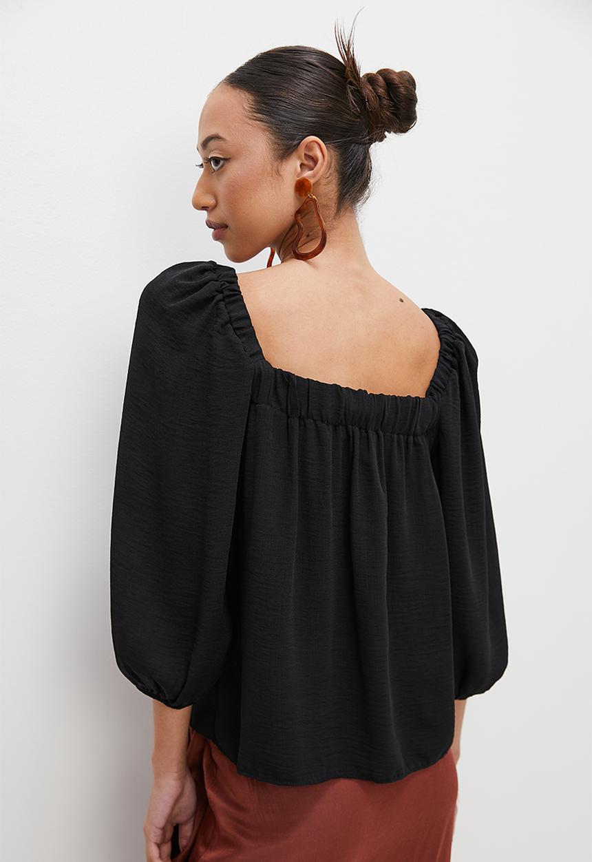 VELVET - Square neck relaxed peasant blouse - black