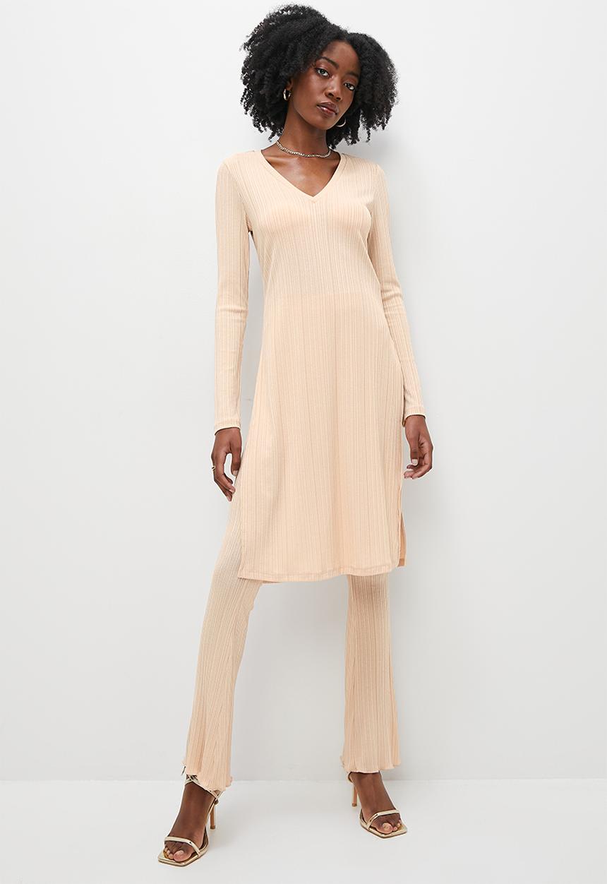 VELVET - Rib longline tunic top with slits - beige