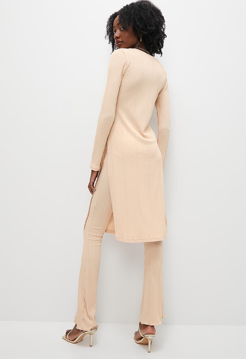 VELVET - Rib longline tunic top with slits - beige