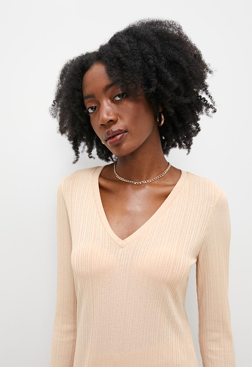 VELVET - Rib longline tunic top with slits - beige