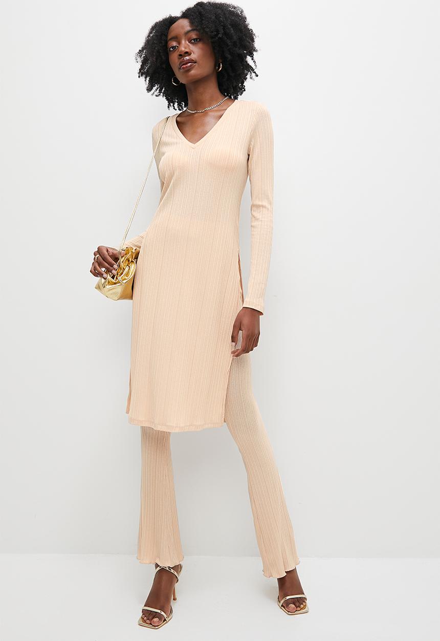 VELVET - Rib longline tunic top with slits - beige