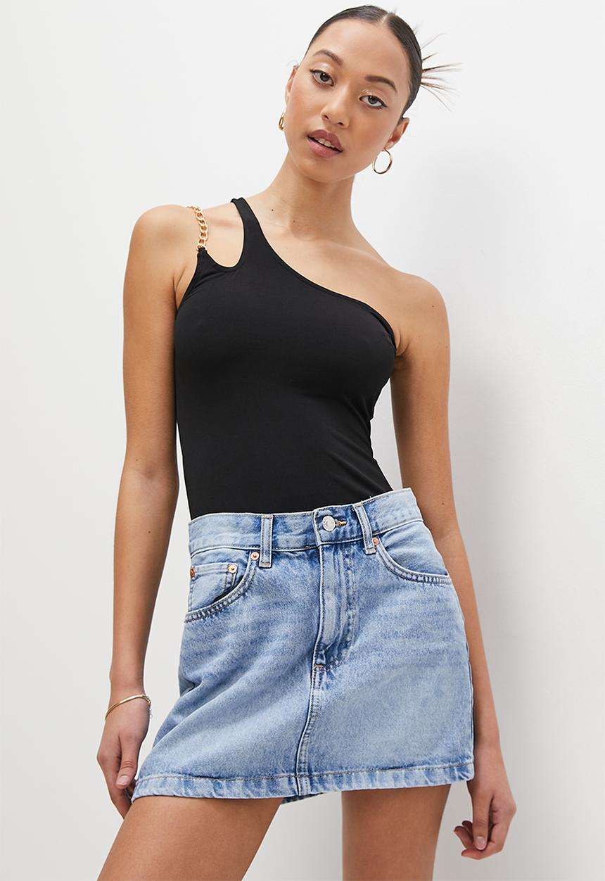 VELVET - Asymmetric cut out bodysuit with chain detail - black