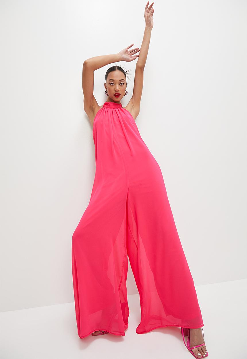 VELVET - Halter palazzo jumpsuit with open back - cerise