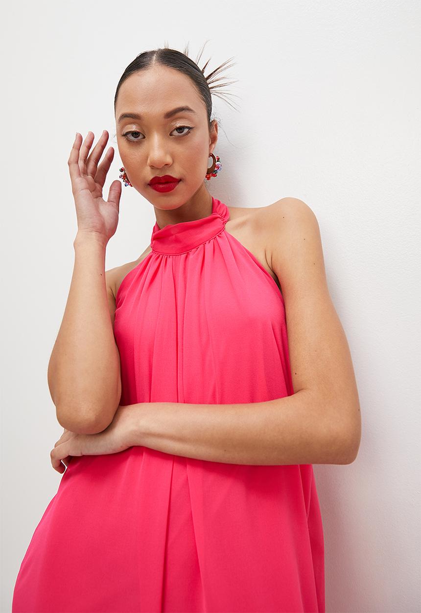 VELVET - Halter palazzo jumpsuit with open back - cerise