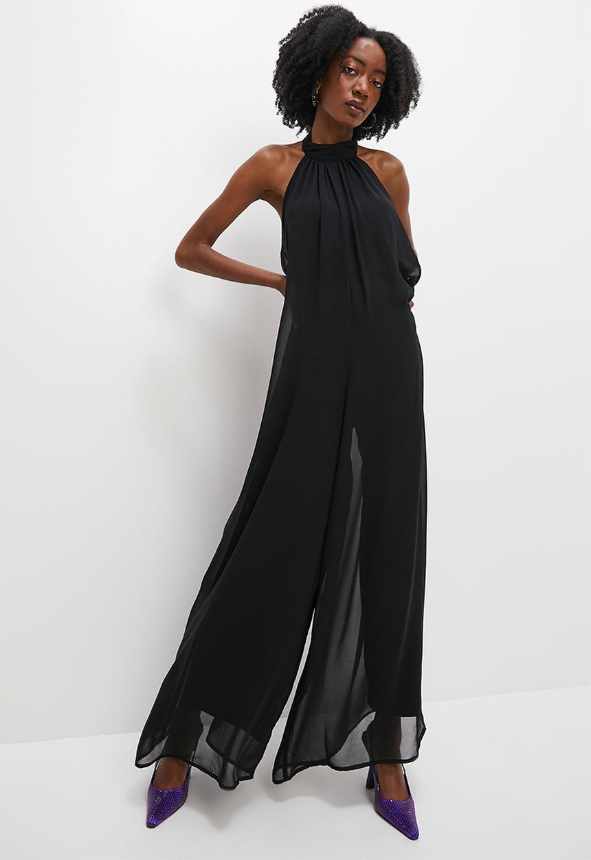 VELVET - Halter palazzo jumpsuit with open back - black