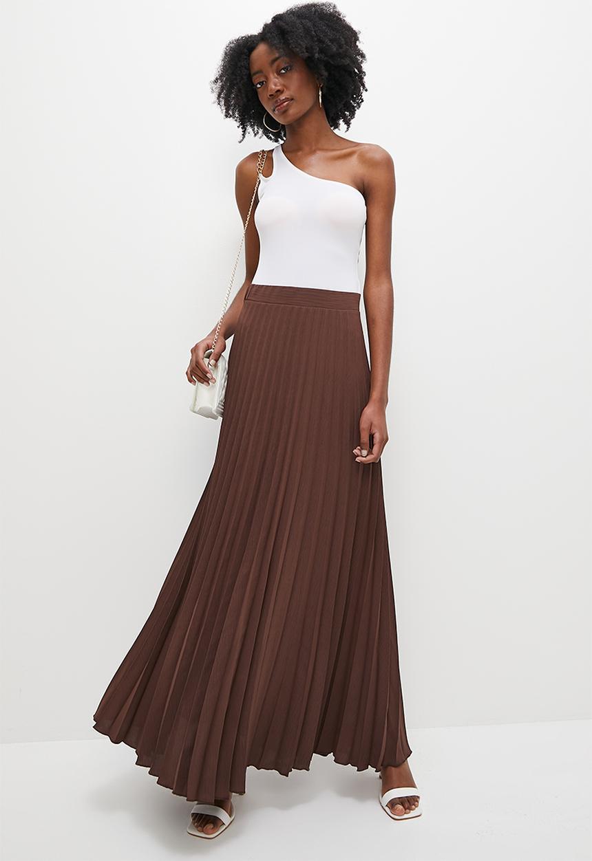 VELVET - Pleated maxi skirt - choc