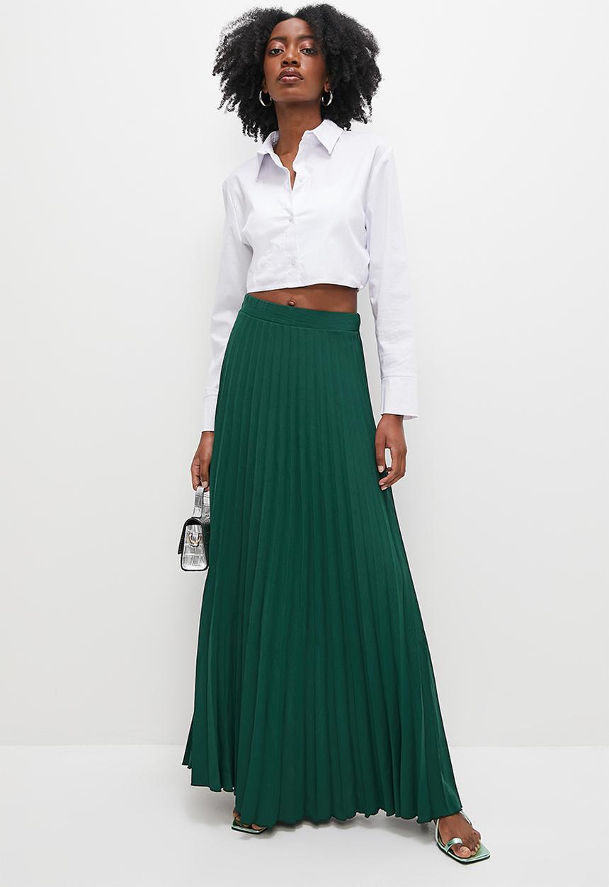 VELVET - Pleated maxi skirt - bottle green