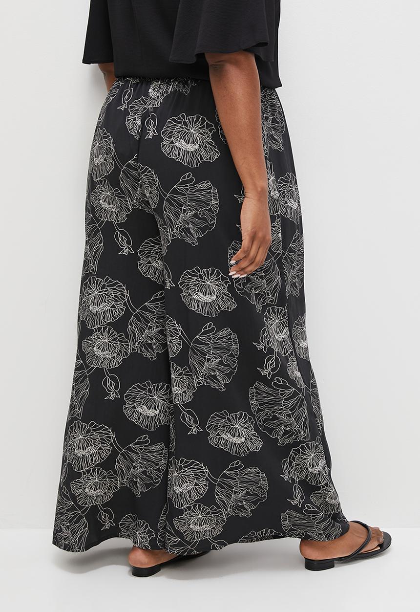 edit Plus - Woven printed wide leg- black linear floral