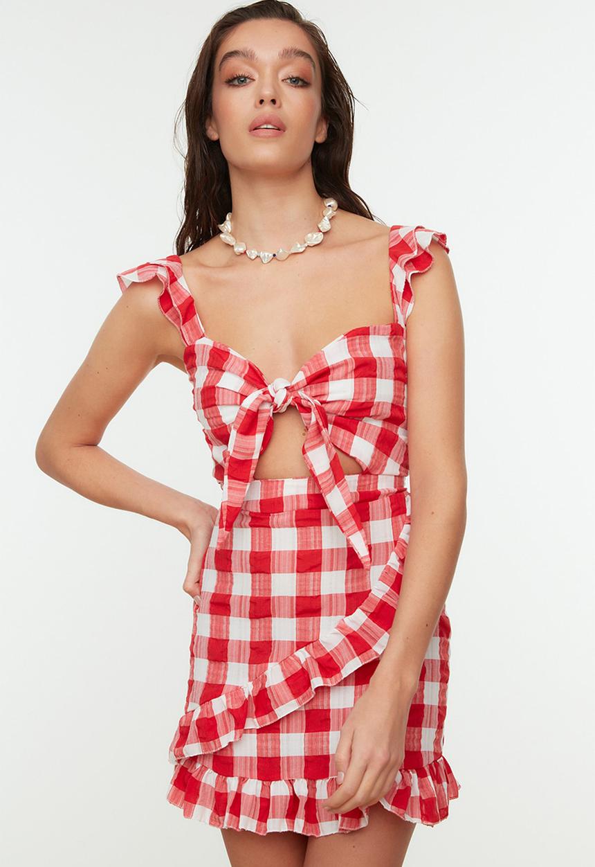 Trendyol - Plaid ruffled beach dress - red