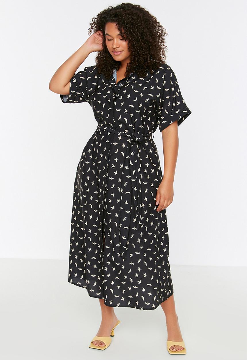 Trendyol - Plus patterned belted slit detailed woven dress - black