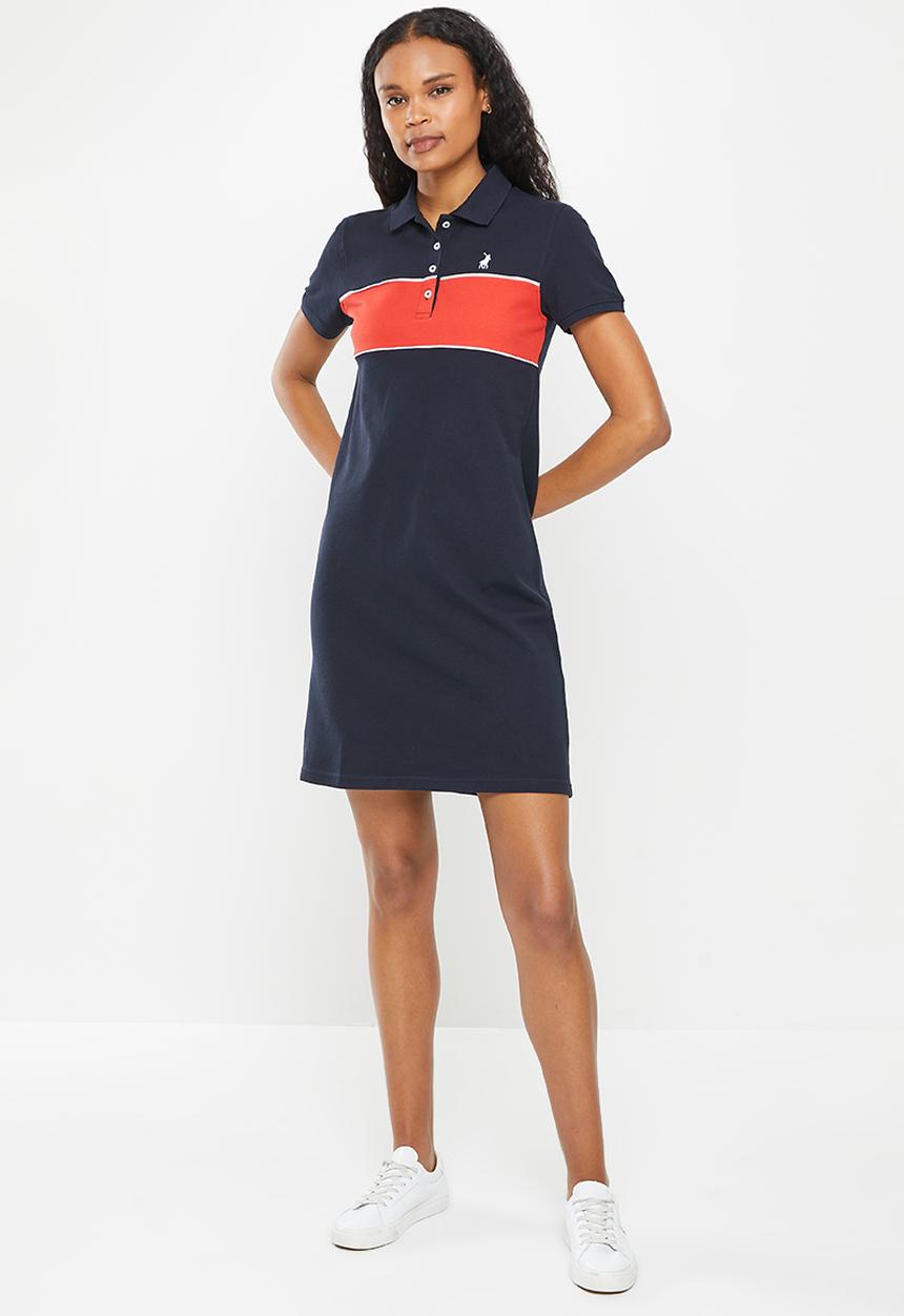 POLO - Kori short sleeve colour block golfer dress - navy
