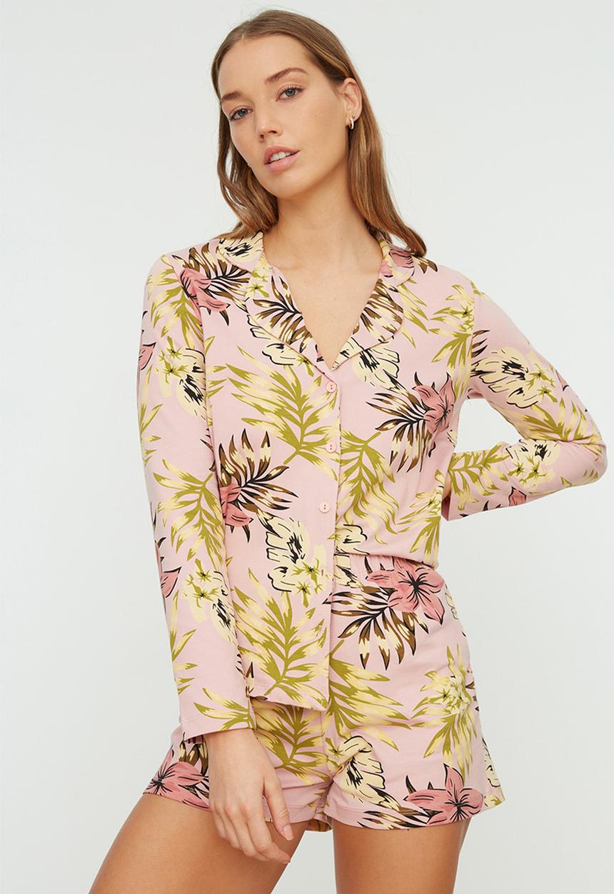 Trendyol - Floral patterned knit pajamas set - pink