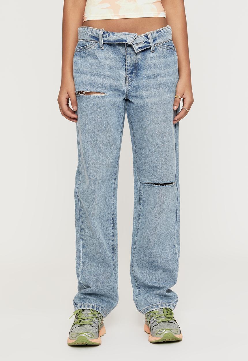 Supré  - Straight leg ripped jean - mid blue fold rip
