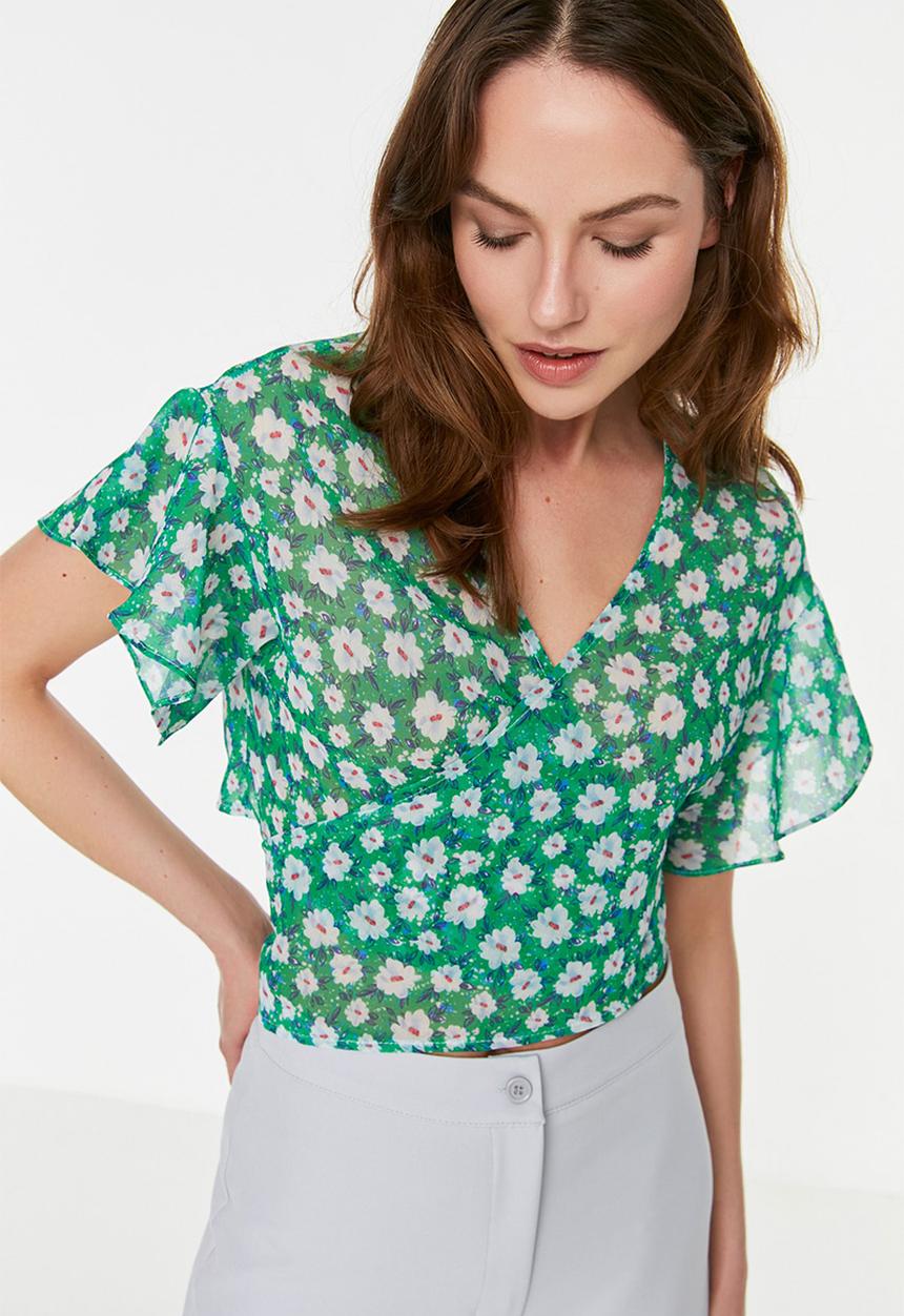 Trendyol - Floral sheer blouse - green