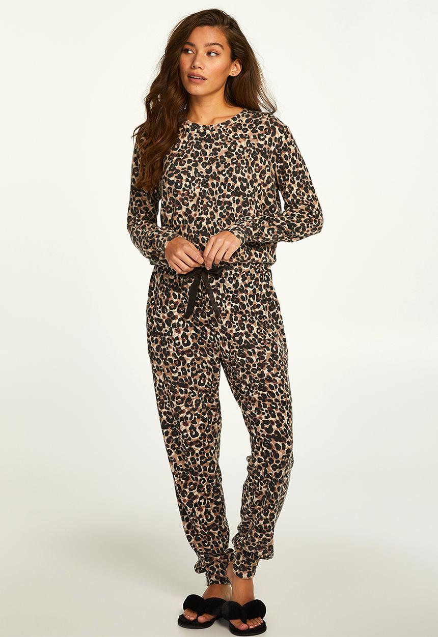 Hunkemoller - Top long sleeve brushed jersey leopard - oatmeal melange