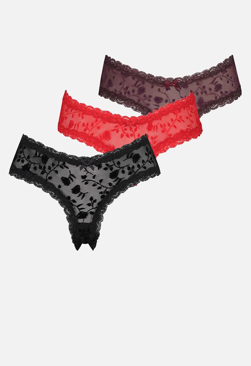Hunkemoller - 3-pack v-shape brasilian floral flock - winetasting