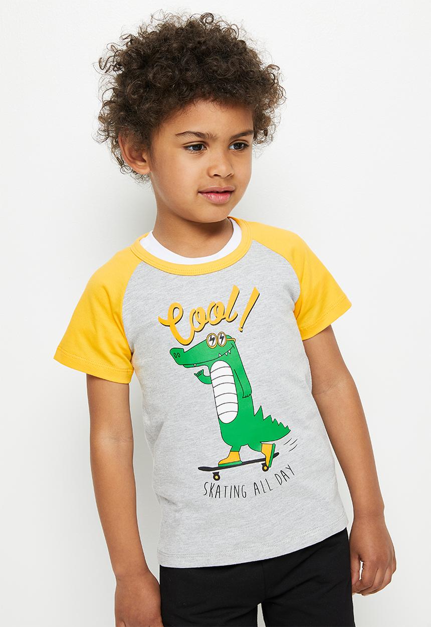 Pop Candy - Boys dino skate tee - grey & yellow