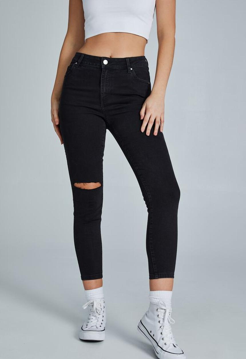 Cotton On - Mid rise cropped skinny jean - worn black rip