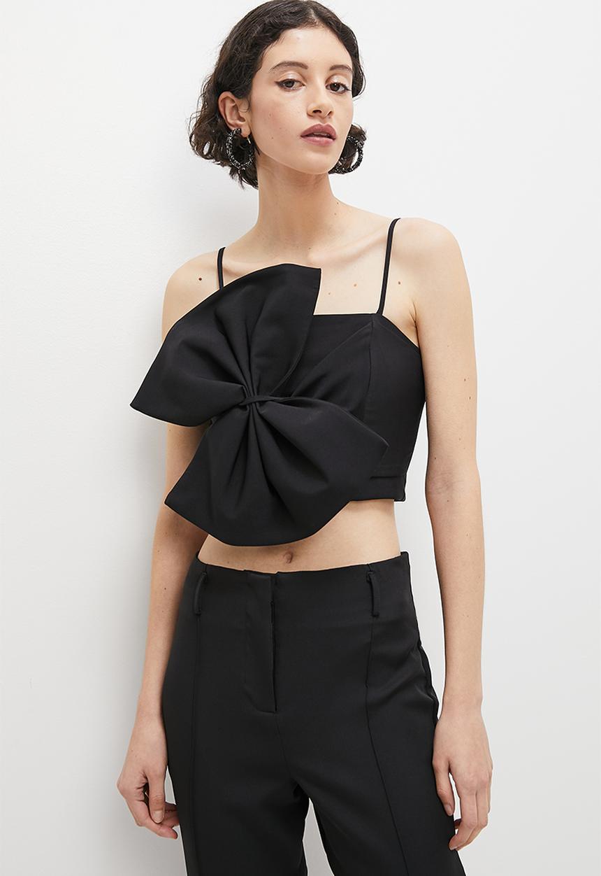 VELVET - Bow front corset cropped top - black